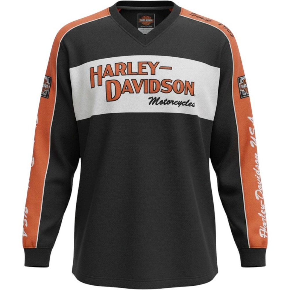 Harley-Davidson Mens XL Long Sleeve Racing Jersey Black Orange V-Neck Graphic